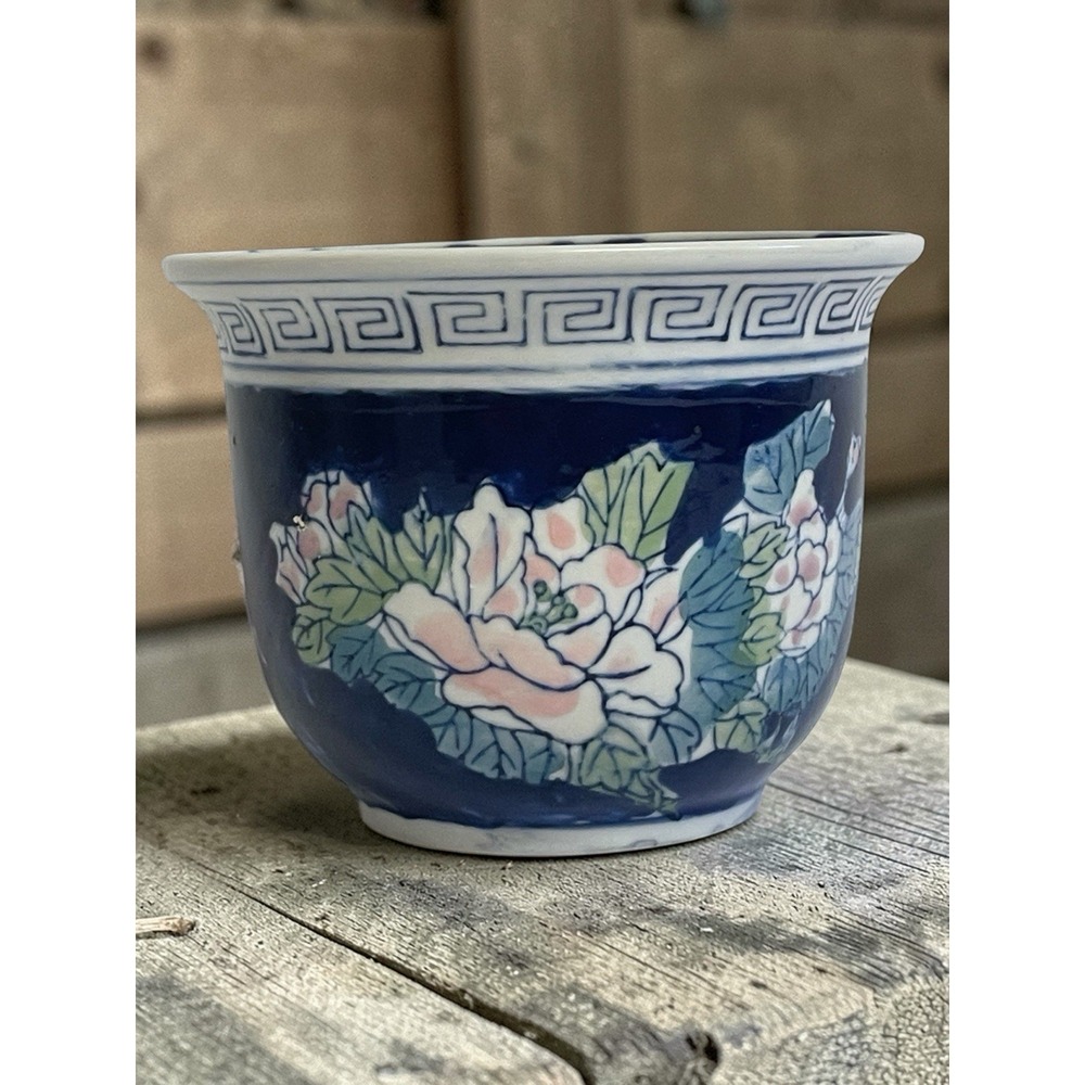 Vintage Chinoiserie Blue White Pink Floral Ceramic Small Planter Indoor Outdoor